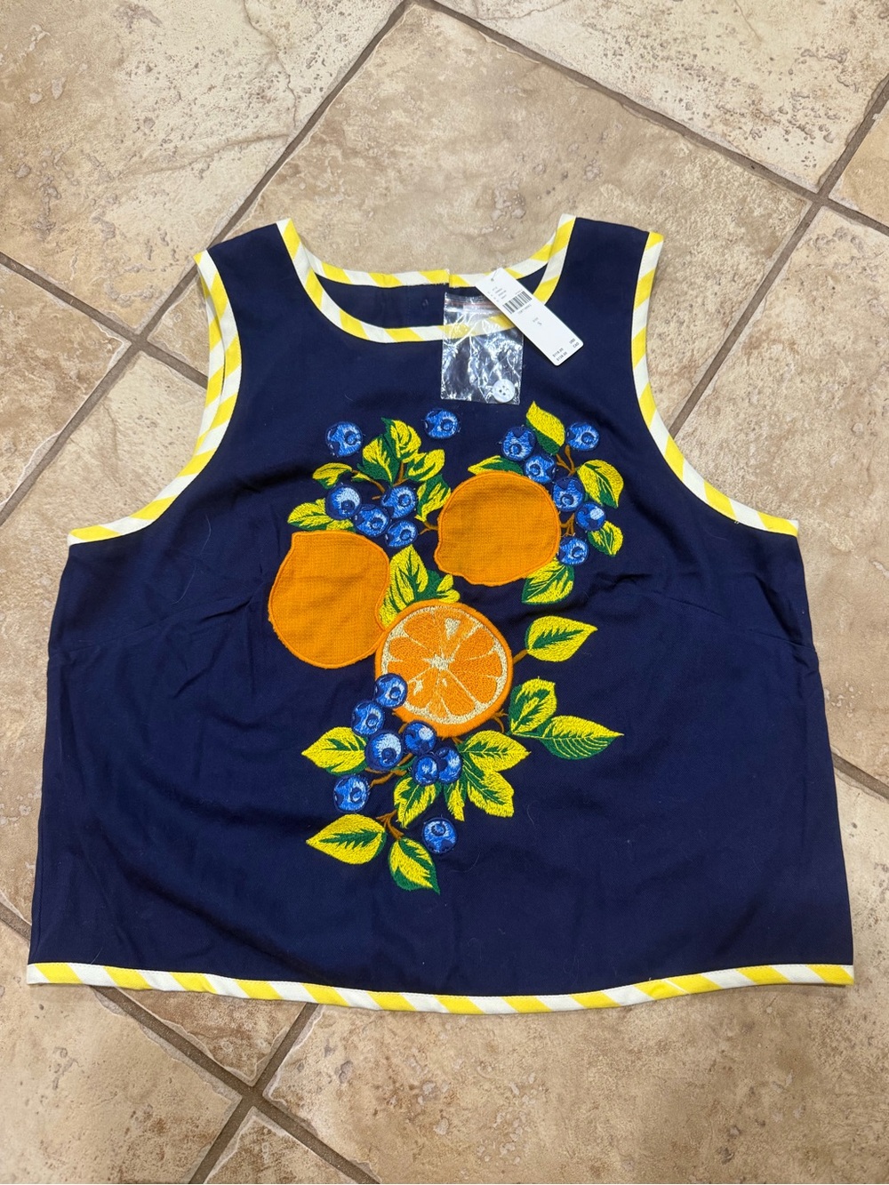 Maeve Anthropologie Embroidered Fruit Shell Tank Navy Size S Sleeveless NWT